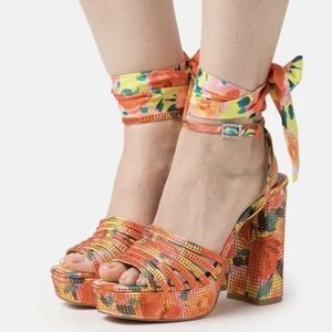 Kurt  Geiger  WOMENS ORANGE PIERRA CRYSTAL-EMBELLISHED WOVEN PLATFORM